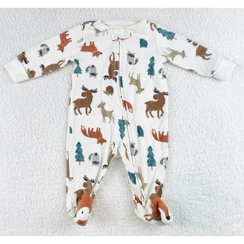 CARTER’S • White/Multi Animal Print Sleeper Footie Pajamas, 3M